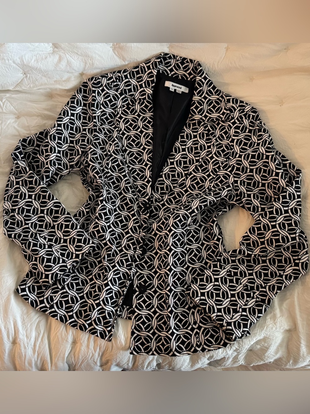 Vintage Black & White Geometric-Print Women's Blazer